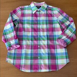 Chaps Multicolor No Iron Plaid Button Front Shirt, 3/4 Sleeves, Size M